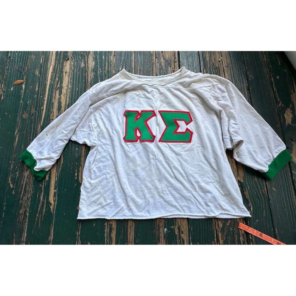 Vintage Kappa Sigma Lil Sis Shell Greek Jersey White Green Cropped Shirt A3998
